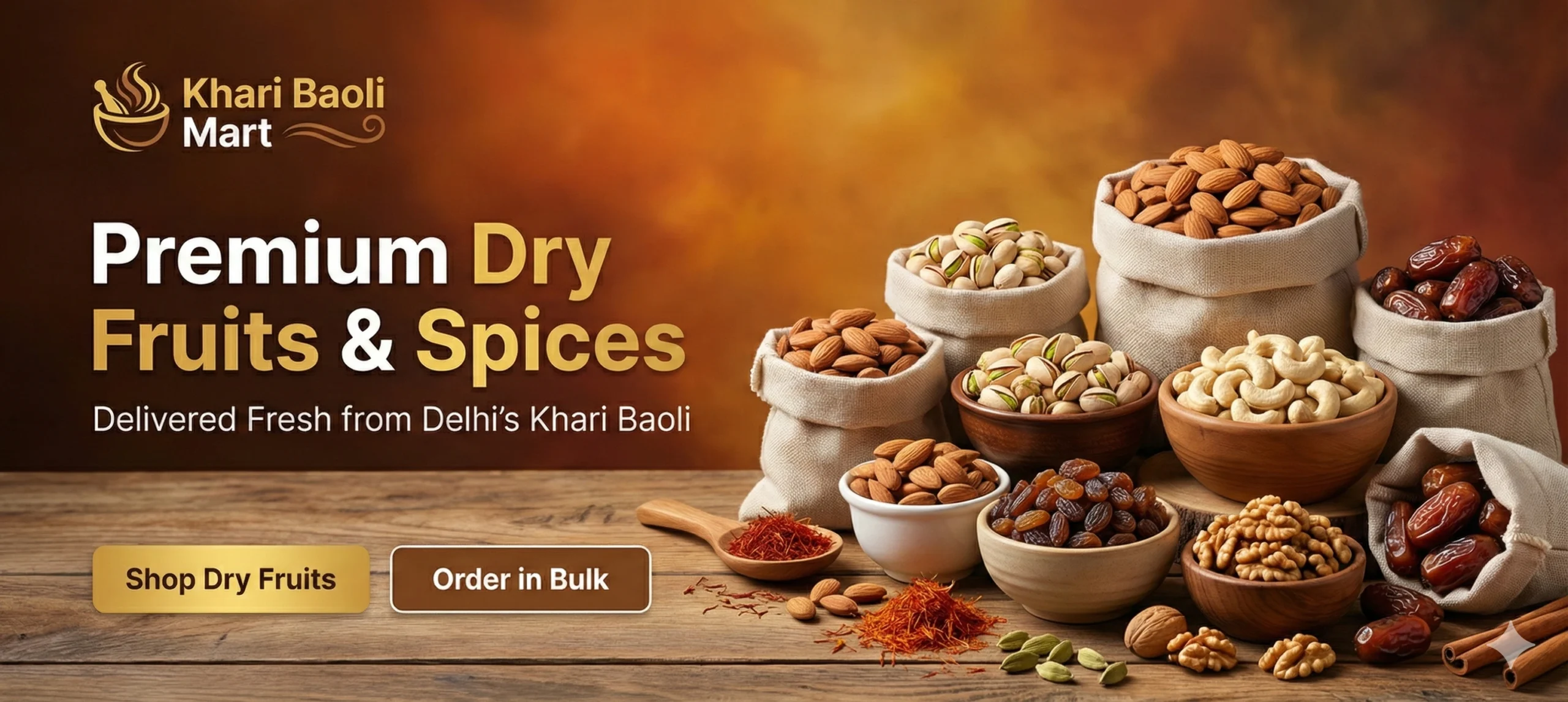 Khari Baoli Mart banner featuring an assortment of premium dry fruits and spices in sacks and bowls on a wooden table.
