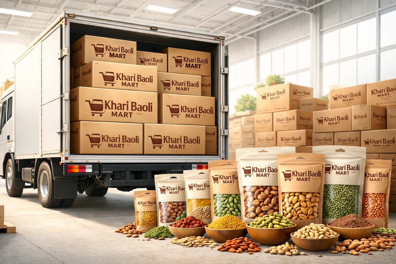 Khari Baoli Mart branded dry fruits and pulses packed boxes ready for delivery.”