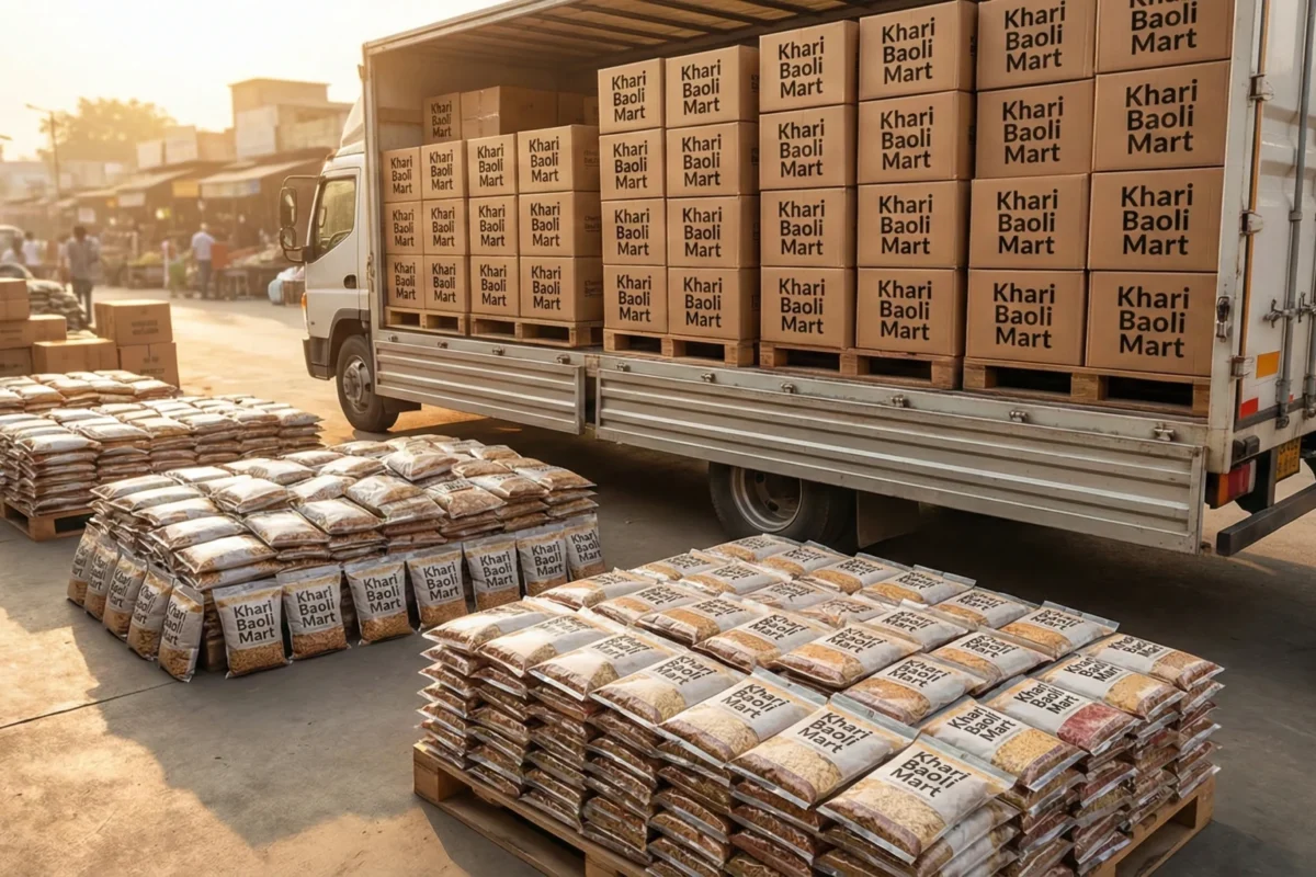 Khari Baoli Mart branded dry fruits and almonds, cashews, packed boxes ready for delivery.”