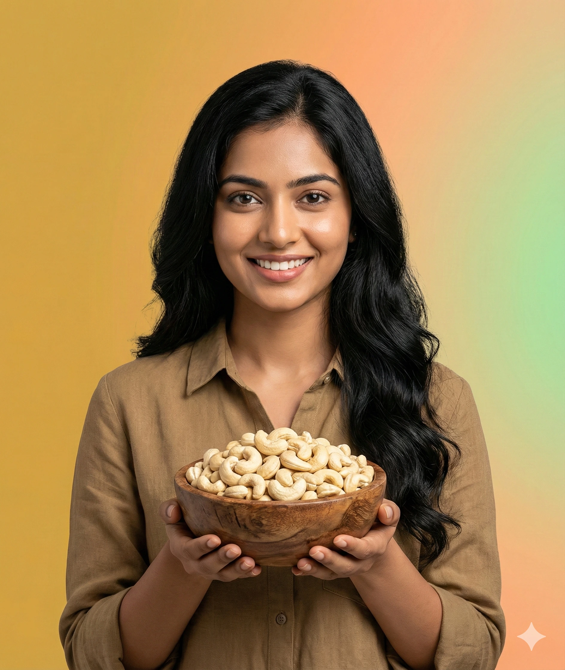 A smiling woman with long dark hair holds a rustic wooden bowl filled to the brim with plain, ivory-colored cashew nuts.