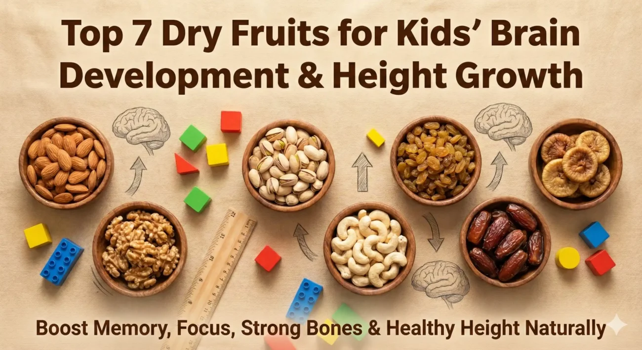 “dry fruits for kids brain development and height growth — almonds walnuts pistachios cashews raisins figs dates arranged for children nutrition”