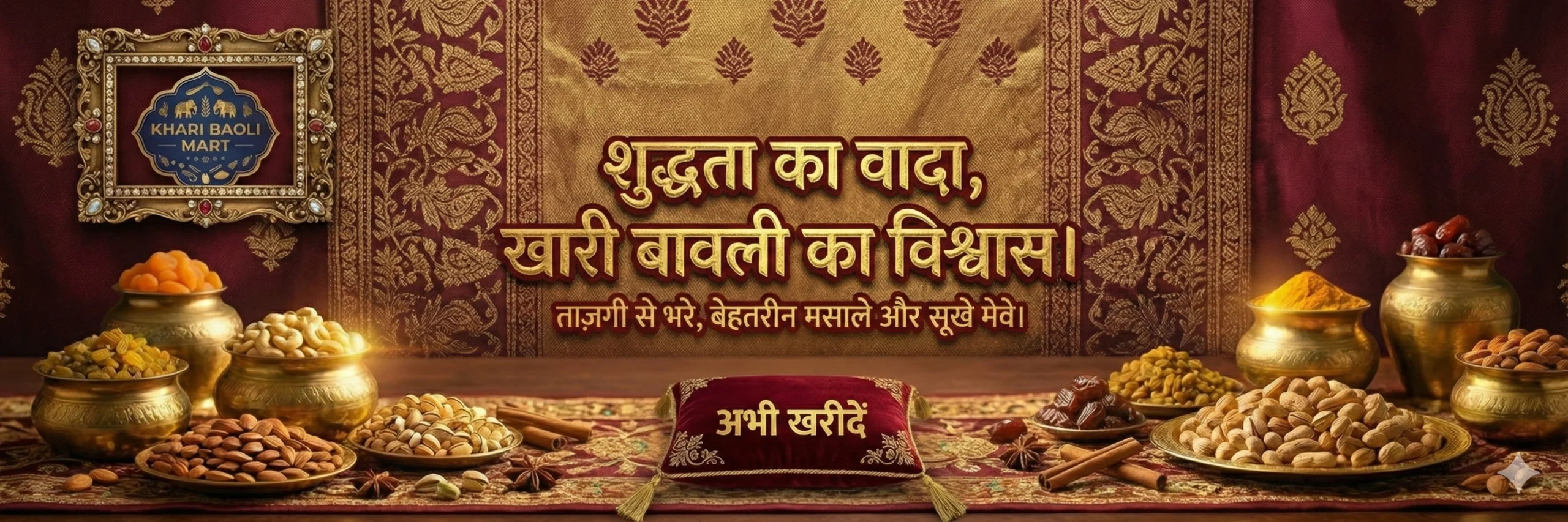 Khari Baoli Mart banner displaying premium dry fruits and spices on a traditional maroon and gold background with Hindi promotional text.