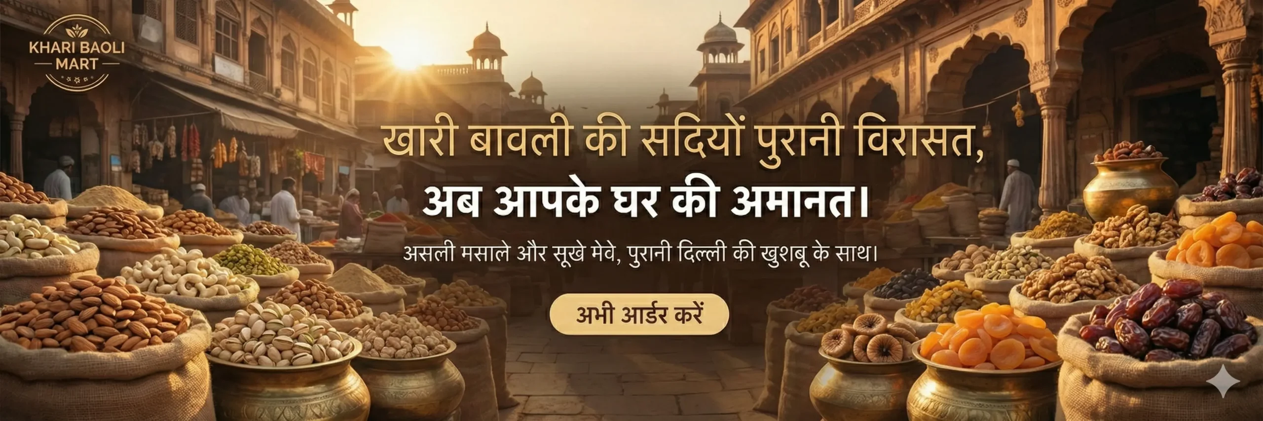 A wide banner for Khari Baoli Mart featuring Hindi text over a sunrise view of the historic Old Delhi market, with large sacks of assorted dry fruits and spices in the foreground.