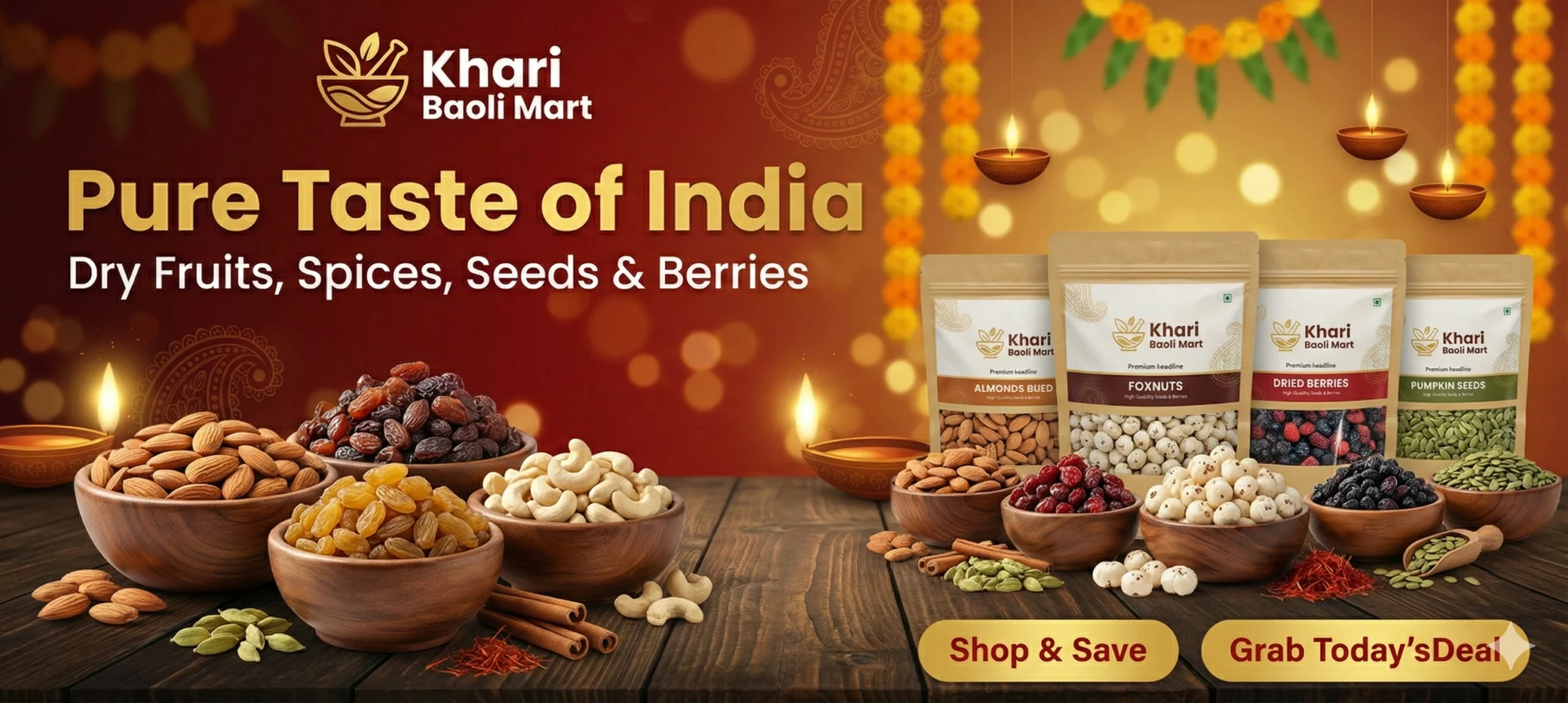 Khari Baoli Mart festive banner showcasing packaged and loose almonds, cashews, foxnuts, and berries on a wooden table decorated with traditional oil lamps and marigold garlands.