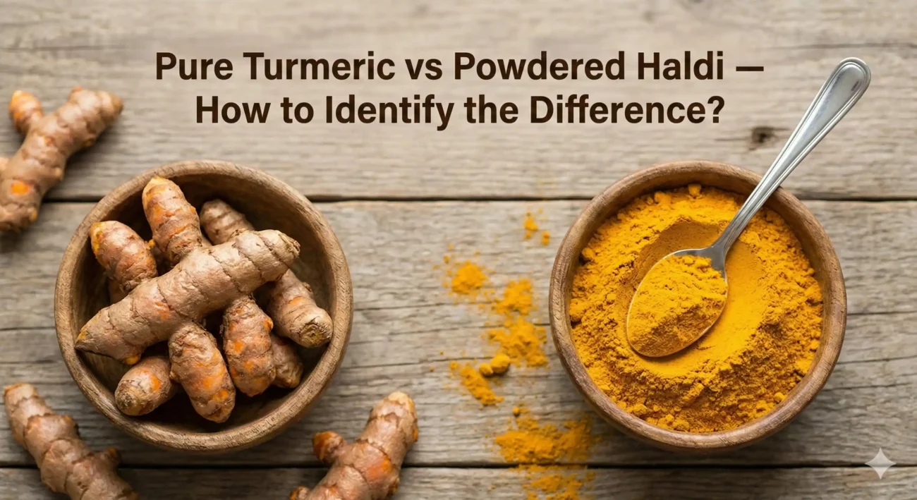 pure turmeric vs powdered haldi — authentic turmeric root and powder flat-lay top view