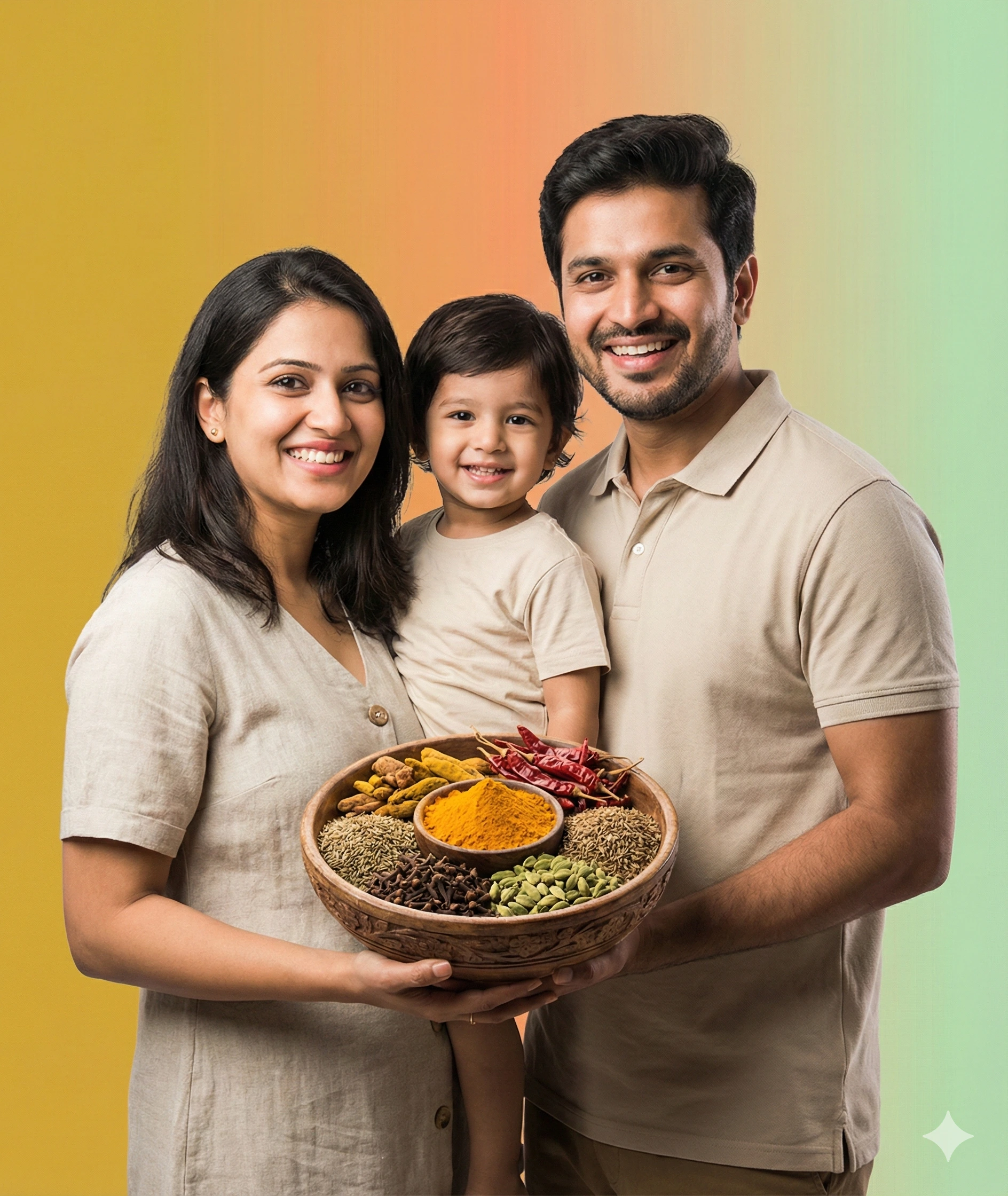 A smiling Indian family—mother, father, and young child—holding a large wooden platter filled with various whole spices like turmeric, chilies, and cardamom.