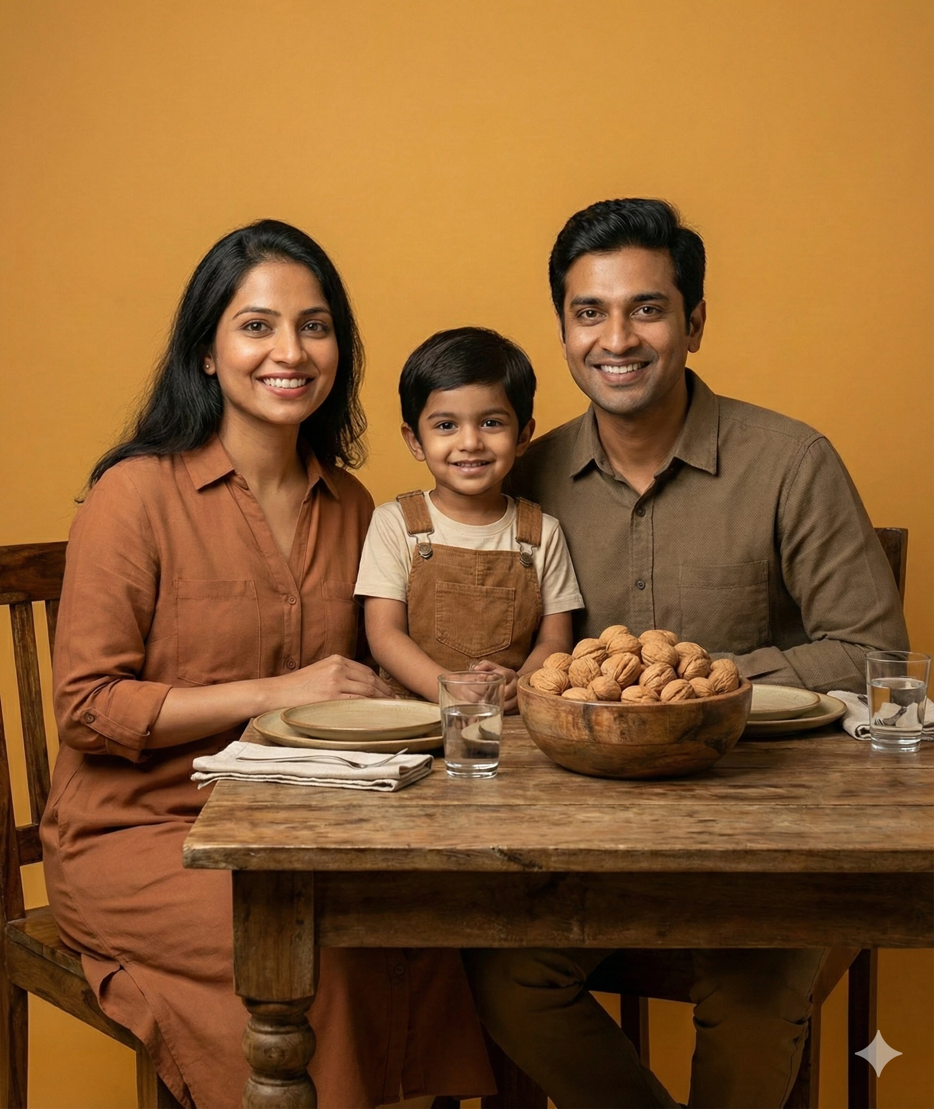 A smiling Indian family—mother, father, and young child—sitting at a rustic wooden table with a large bowl of whole walnuts.