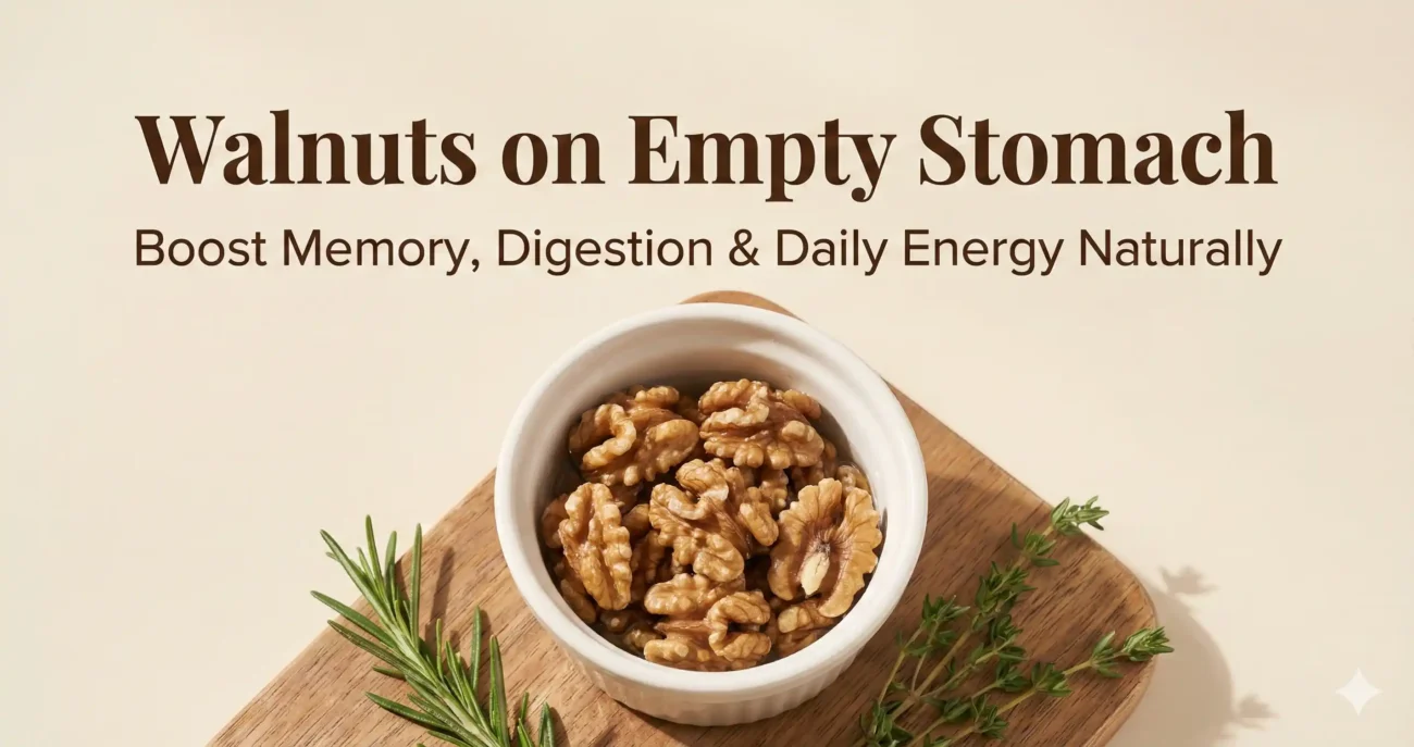 Walnuts on empty stomach benefits — soaked walnut halves in a white bowl with morning light