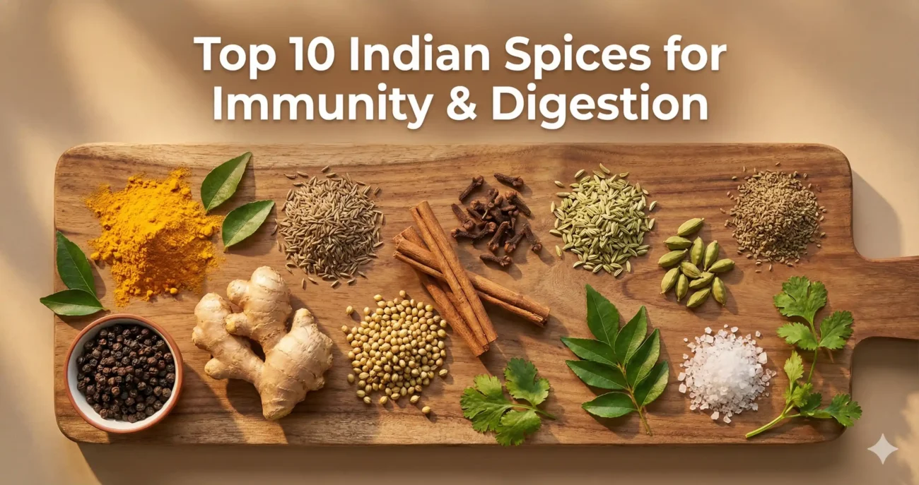“Indian spices for immunity and digestion displayed in bowls such as turmeric, ginger, cumin, cardamom, fennel and cloves”