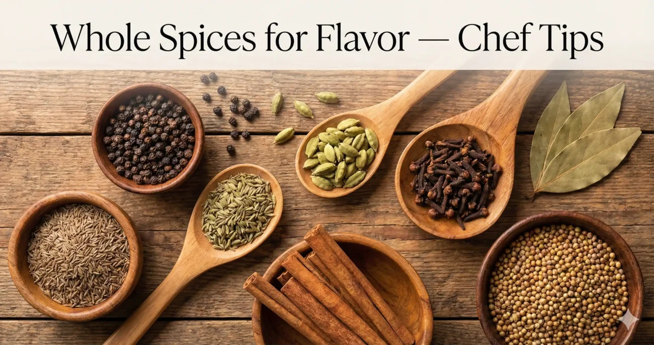 “Whole spices for flavor arranged on a rustic wooden board with cumin, cinnamon, cloves and peppercorns”