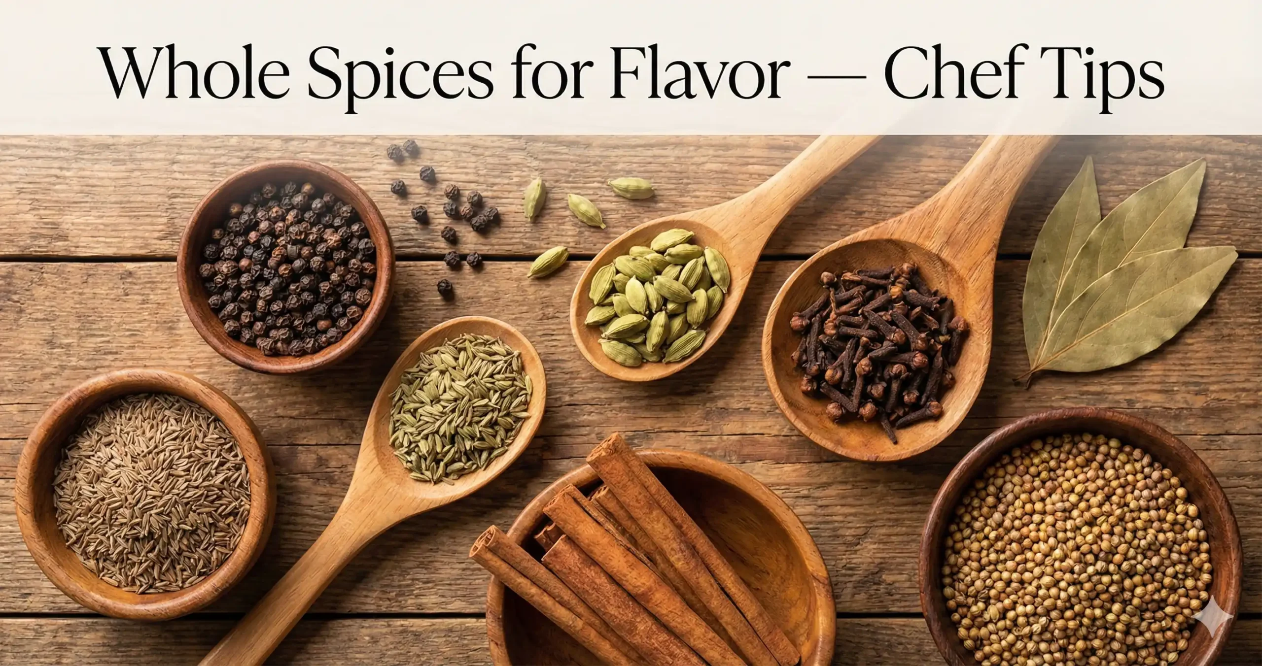 “Whole spices for flavor arranged on a rustic wooden board with cumin, cinnamon, cloves and peppercorns”